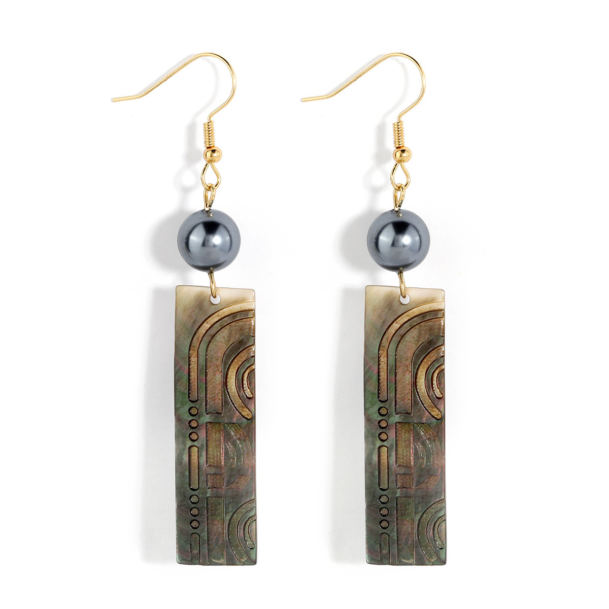 MYK1860-Black shell carved long earrings with natural mother-of-pearl pendants