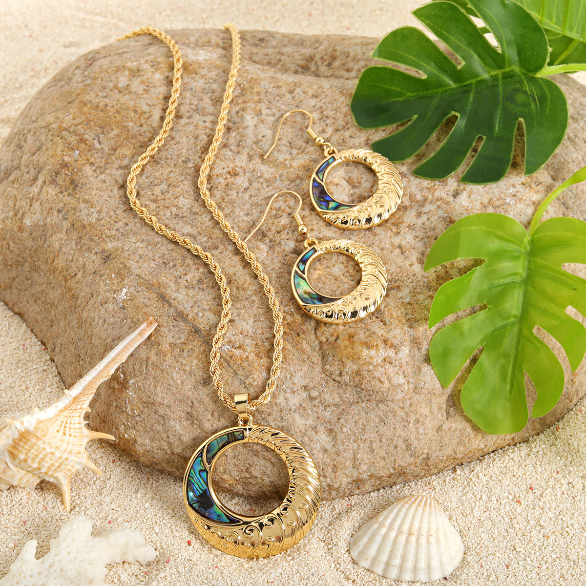 MYK1861-New Natural Abalone Shell Appliqué Sunflower Jewelry Set, Real Gold Plated, Beach Resort Style Jewelry