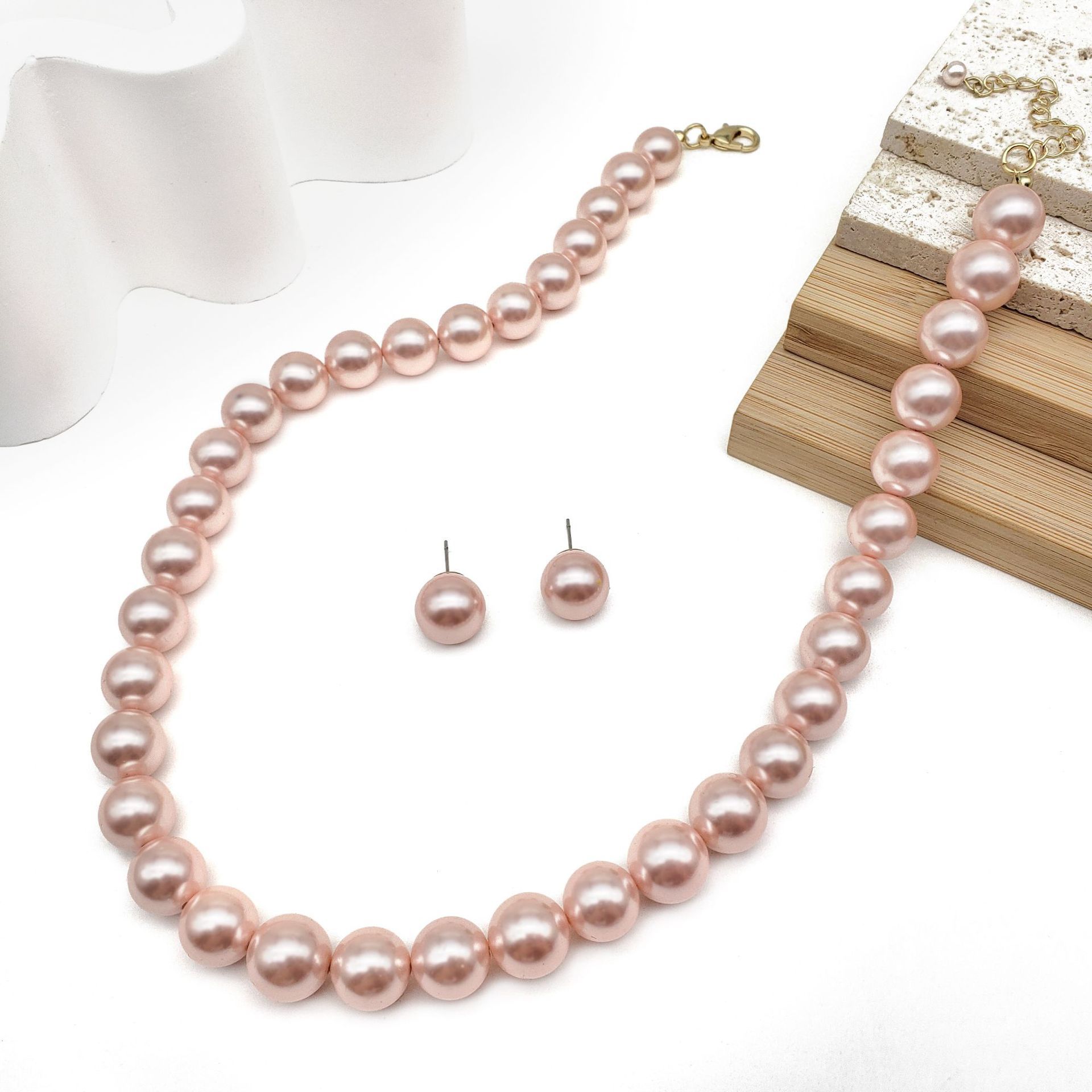 MYK1882-12mm Premium High-Gloss Multi-Color Natural Mother-of-Pearl Necklace and Earring Jewelry Set