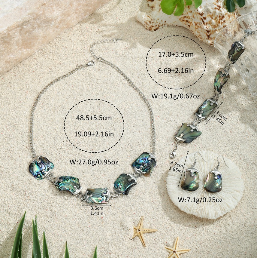 MYK1854-Natural seashell patchwork necklace, earrings, and bracelet three-piece set with irregular metal edging seashell jewelry