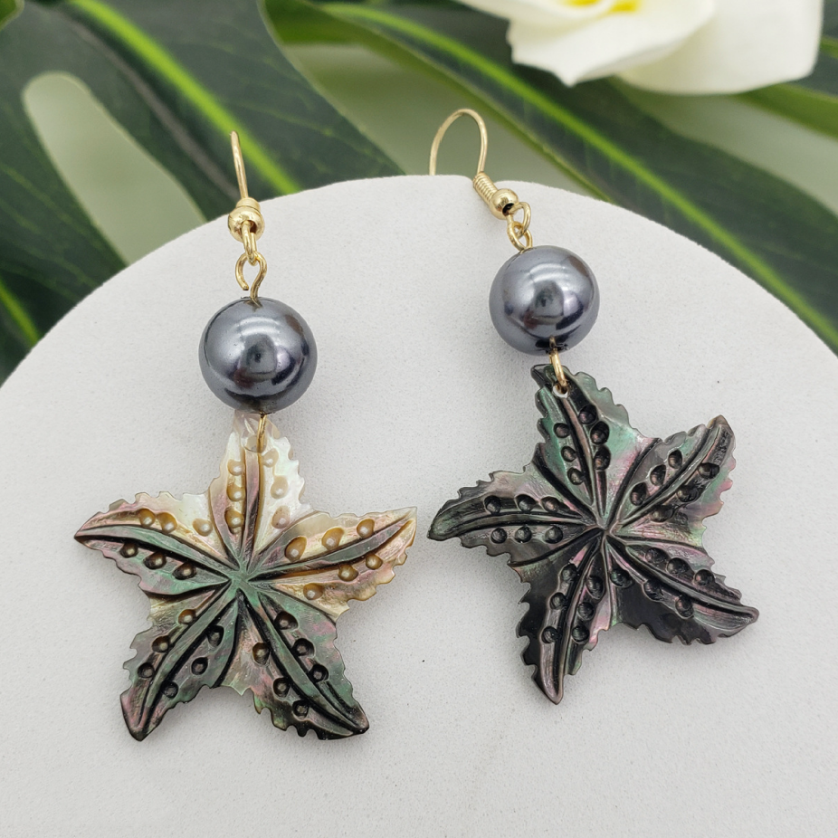 MYK1855-Natural black shell earrings, tropical island style shell bead earrings