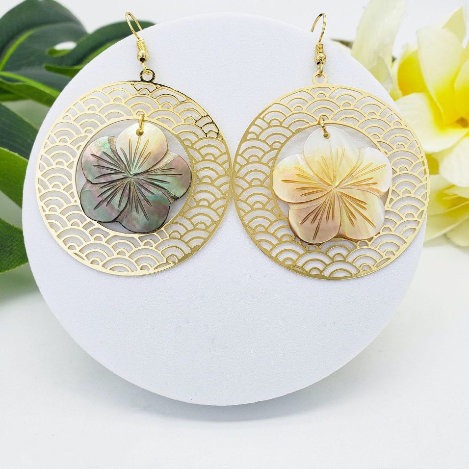 MYK1868-Hawaiian-style finely crafted natural seashell earrings with openwork floral design