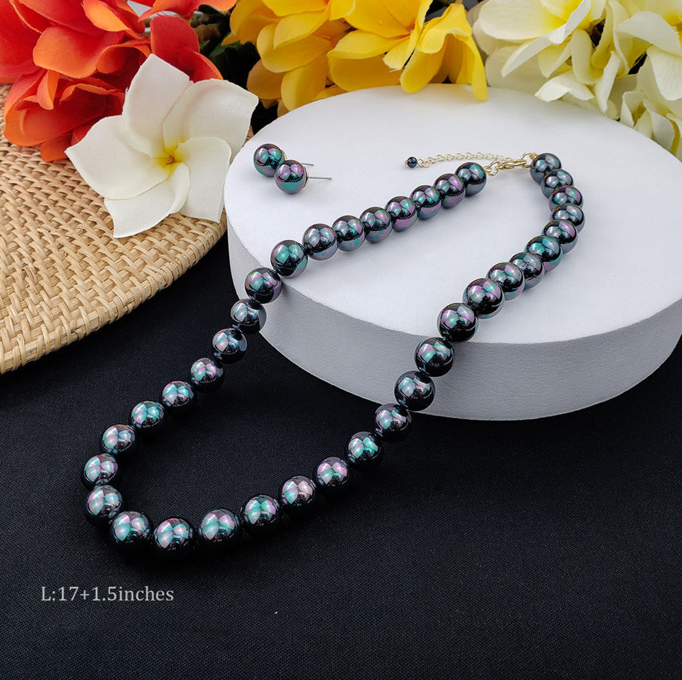MYK1882-12mm Premium High-Gloss Multi-Color Natural Mother-of-Pearl Necklace and Earring Jewelry Set