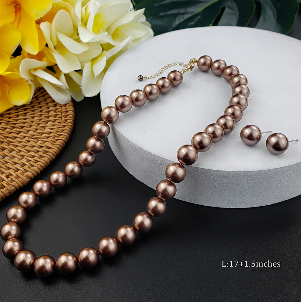MYK1882-12mm Premium High-Gloss Multi-Color Natural Mother-of-Pearl Necklace and Earring Jewelry Set
