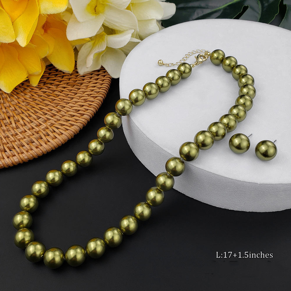 MYK1882-12mm Premium High-Gloss Multi-Color Natural Mother-of-Pearl Necklace and Earring Jewelry Set