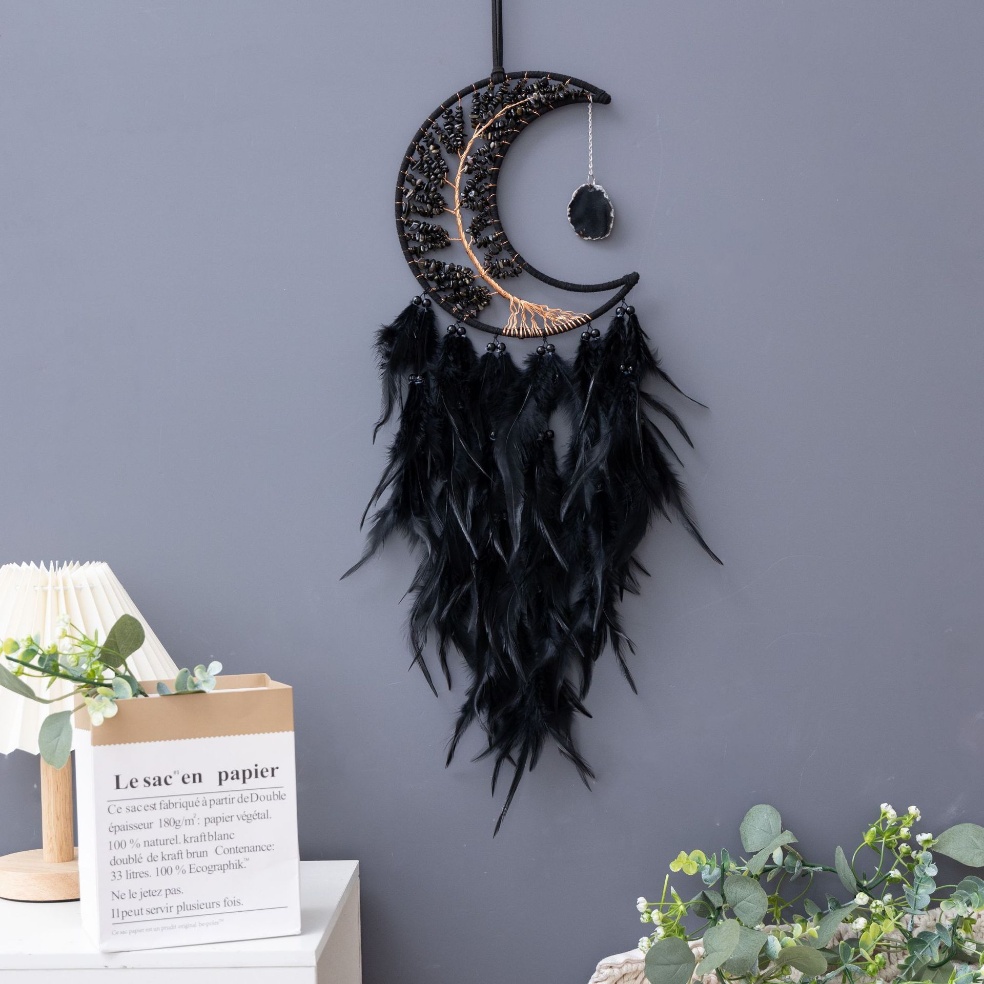 Black Tree of Life Dreamcatcher Hand-woven Feather Decoration