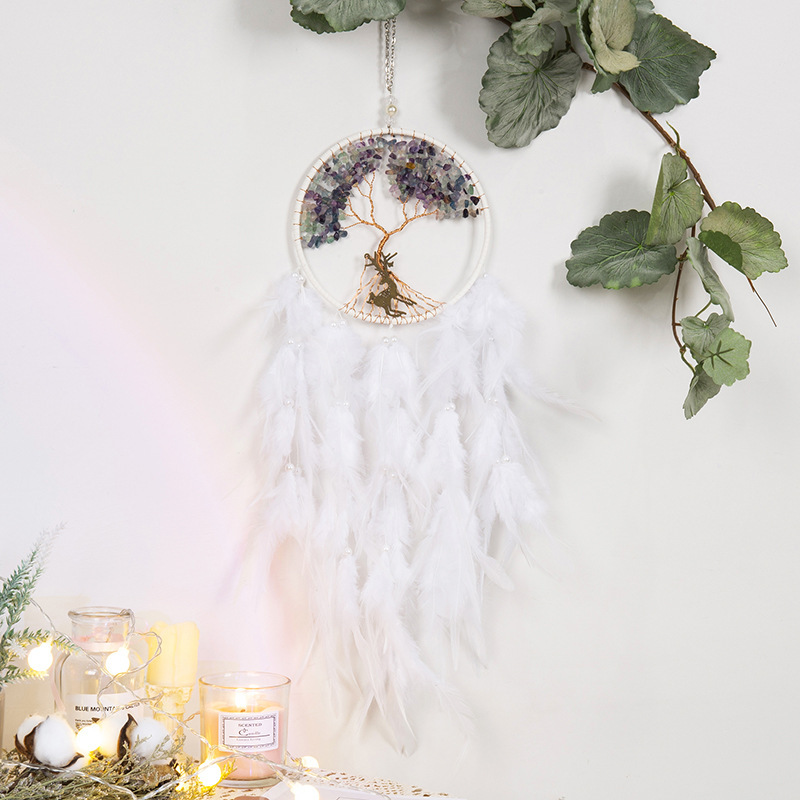 Natural Fluorite Pebble Dreamcatcher Wind Chime Tree of Life Sun Catcher