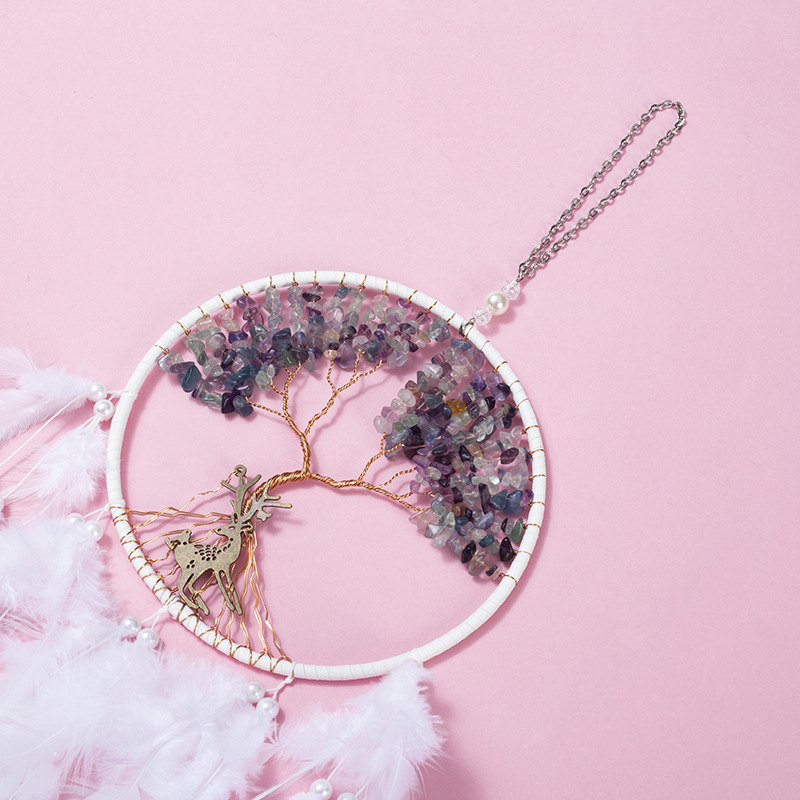 Natural Fluorite Pebble Dreamcatcher Wind Chime Tree of Life Sun Catcher