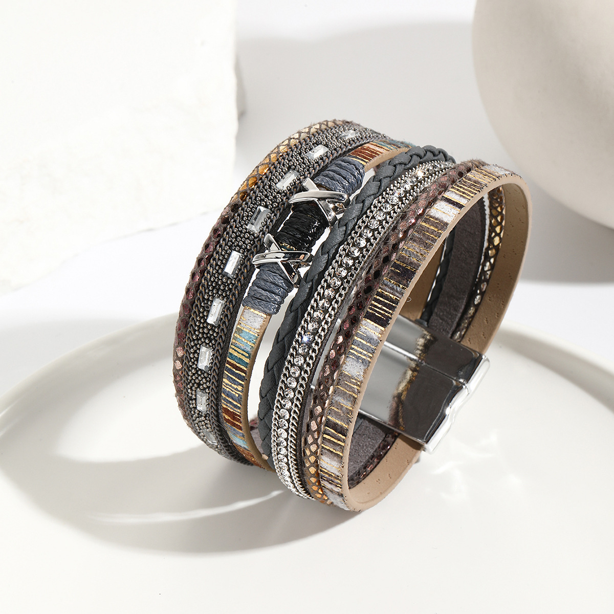 MYK1978-Hand-woven rhinestone colored braided multi-layer PU leather magnetic buckle bracelet