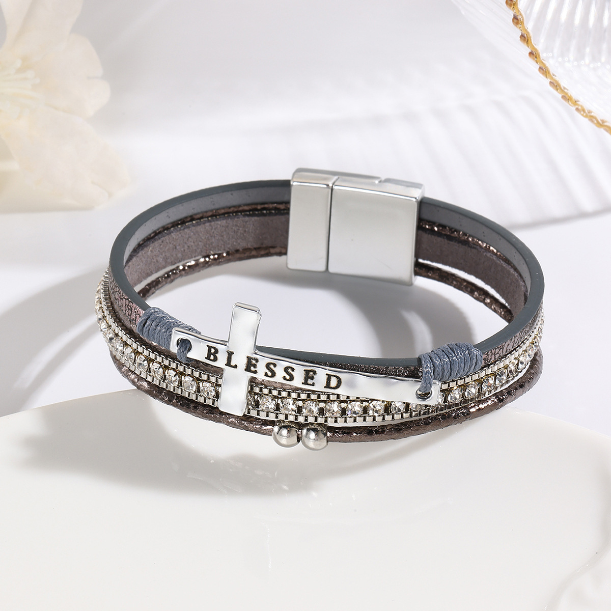 MYK1969-Bohemian style cross-shaped diamond magnetic clasp bracelet, multi-layered PU leather bracelet