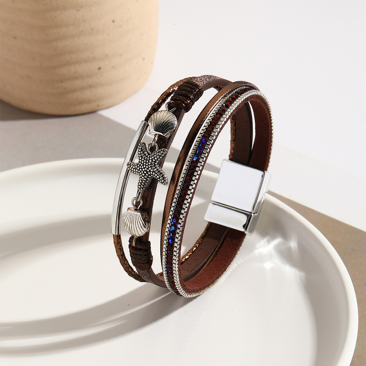 MYK1975-Starfish shell hand-woven leather Bohemian bracelet
