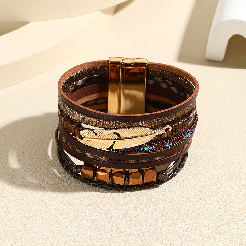 MYK1973-Bohemian ethnic style bracelet with crystal feather accessories, multi-layered wide-brimmed leather bangle
