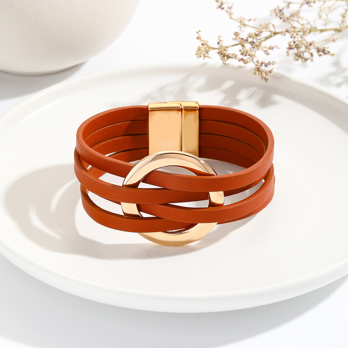 MYK1958-Cross-over leather women's bracelet with large metal ring cuff and magnetic clasp.