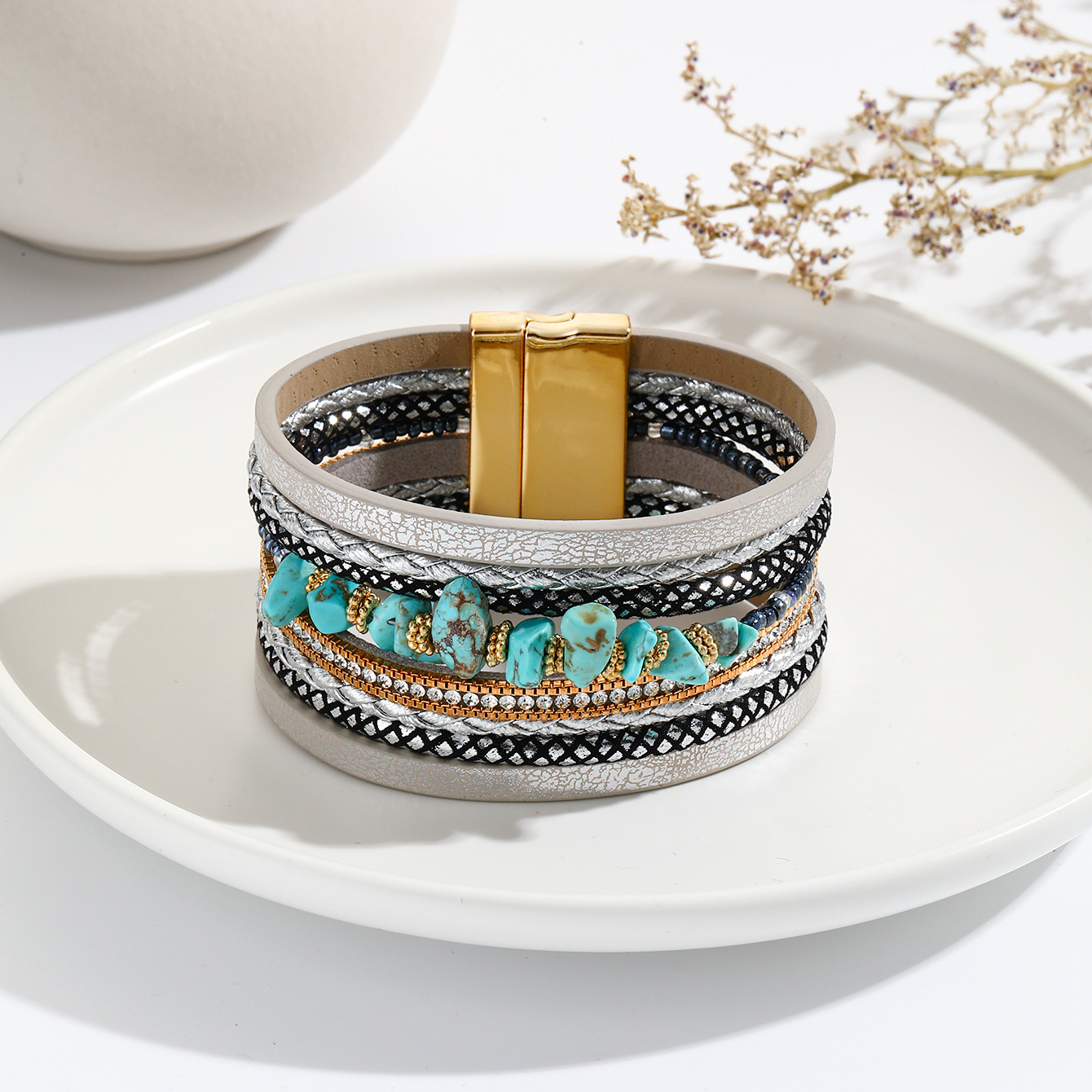 MYK1972-Bohemian-style irregular turquoise design wide leather bracelet