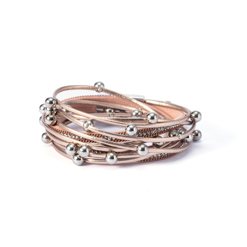 MYK1961-Double-strapped beaded leather bracelet with rhinestone magnetic clasp