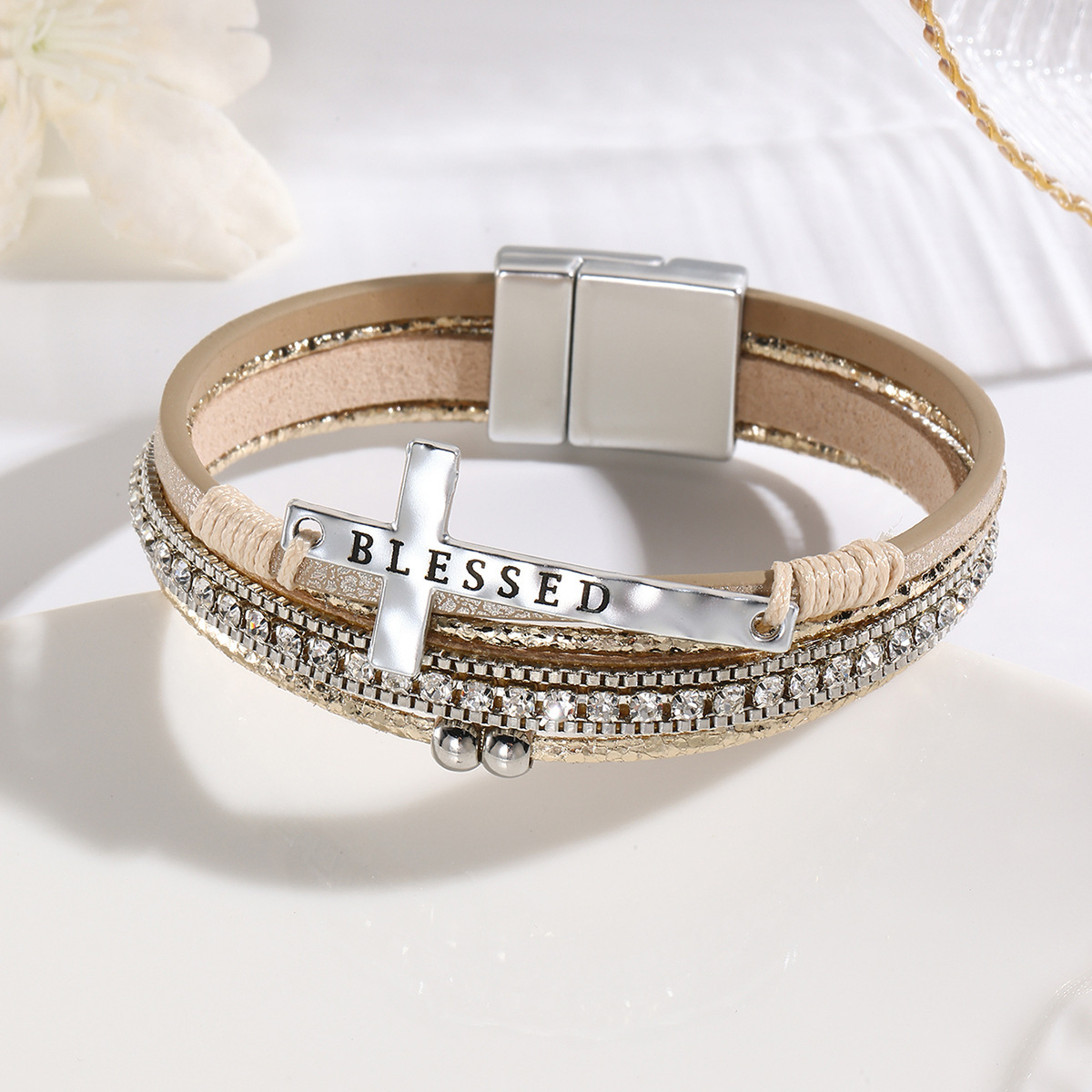MYK1969-Bohemian style cross-shaped diamond magnetic clasp bracelet, multi-layered PU leather bracelet