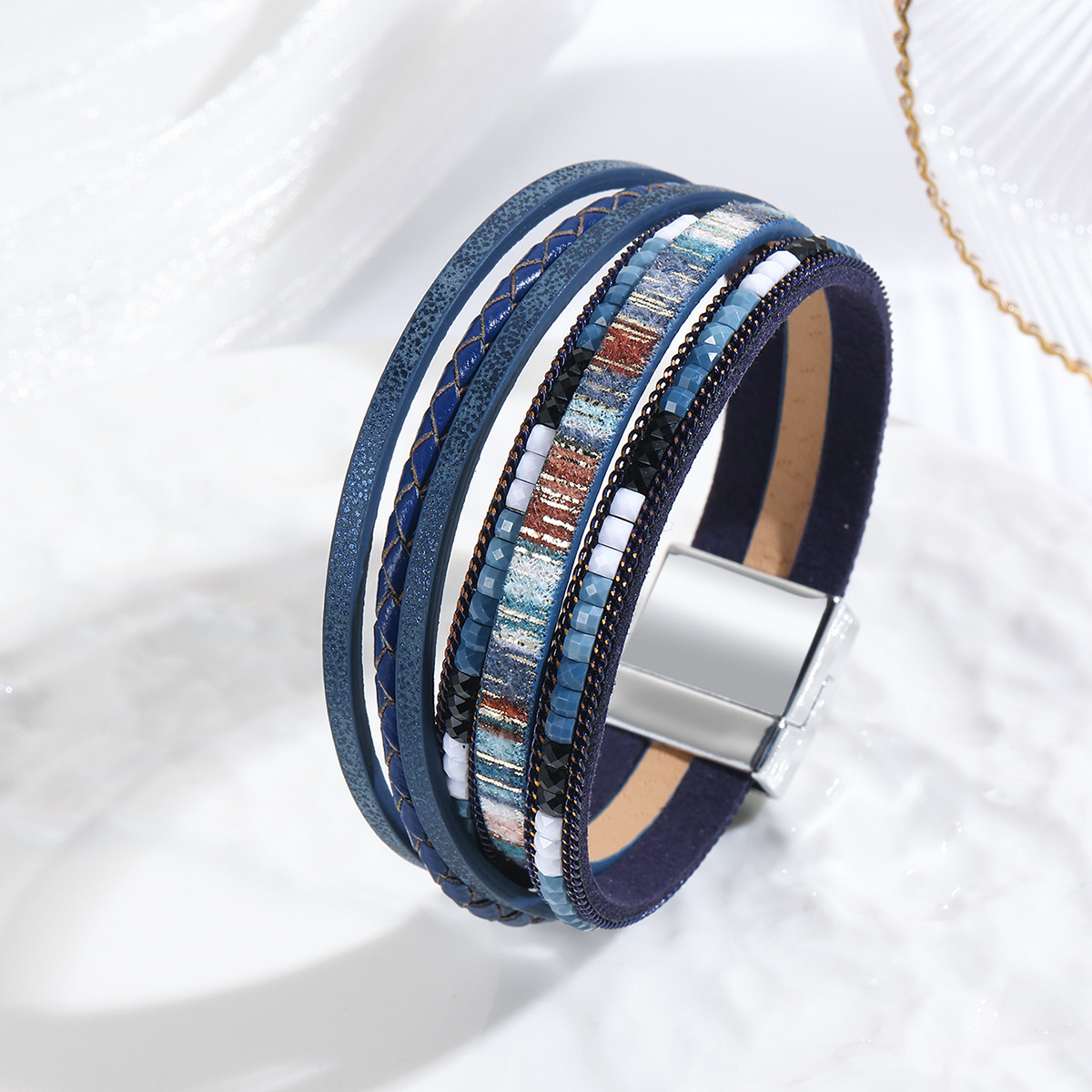 MYK1957-Bohemian style magnetic clasp leather bracelet with multi-layered wrapping.