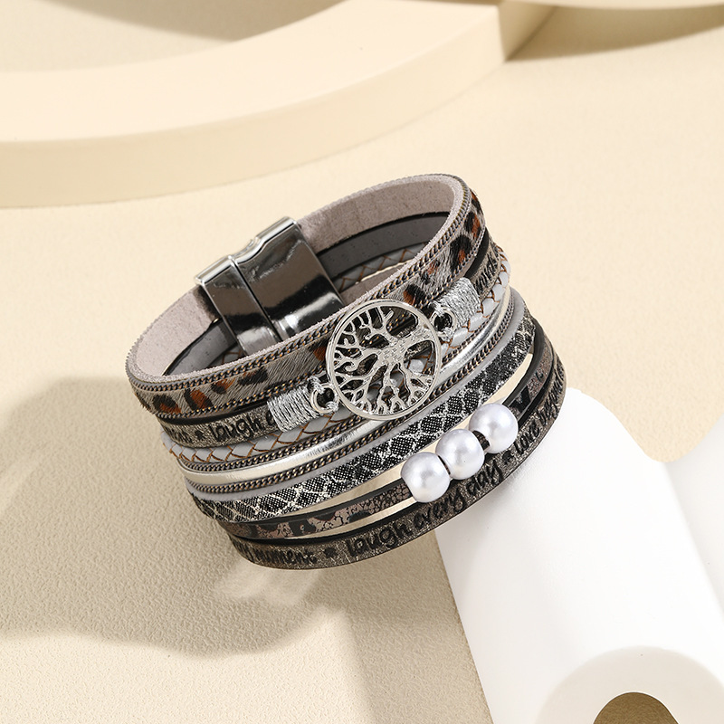 MYK1967-Bohemian Leather Multi-Layer Vintage Tree of Life Pearl Hand-Woven Magnetic Clasp Bracelet