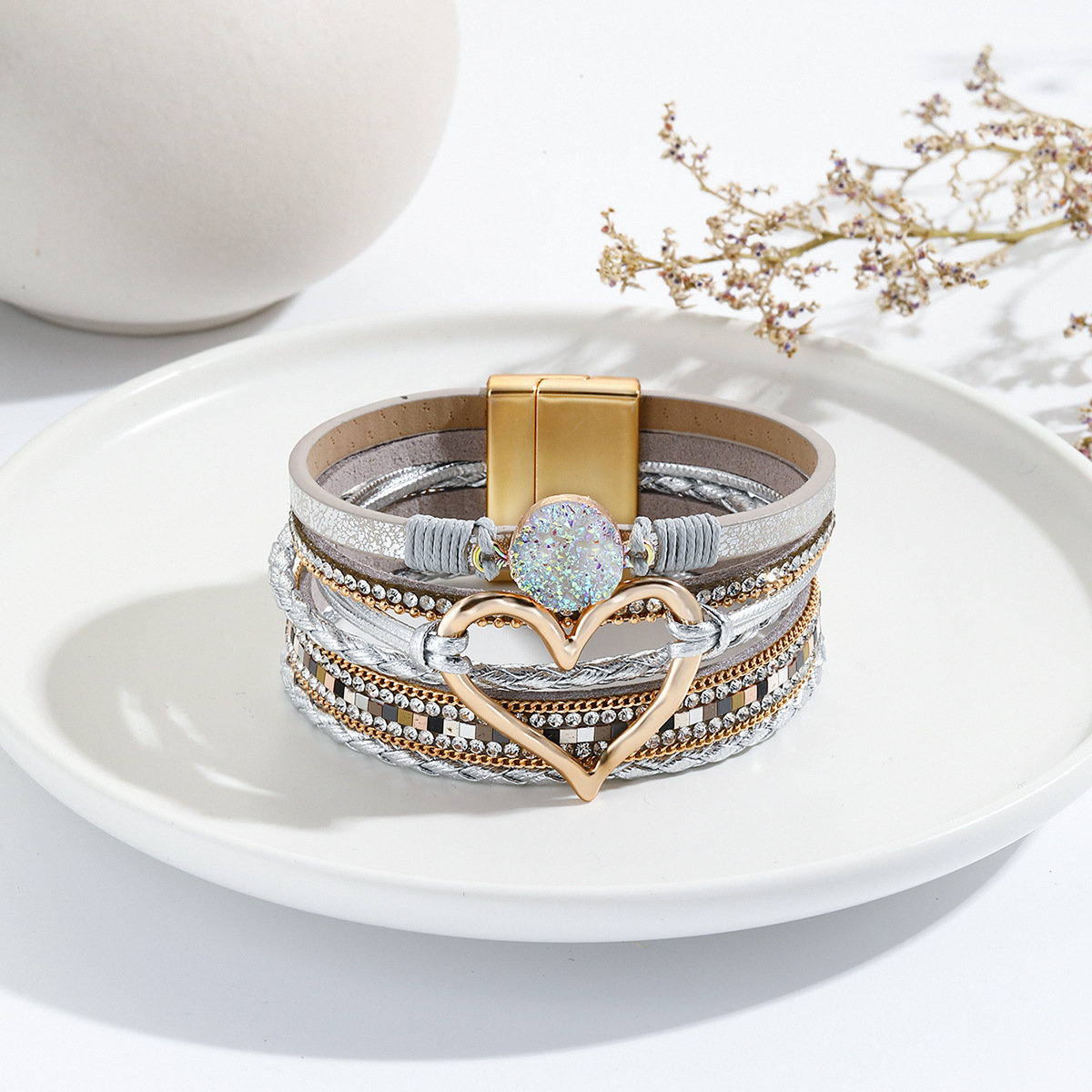 MYK1956-Bohemian Multi-Layer Bracelet with Raw Stone Heart Design, Women's Wrapped Leather Bracelet