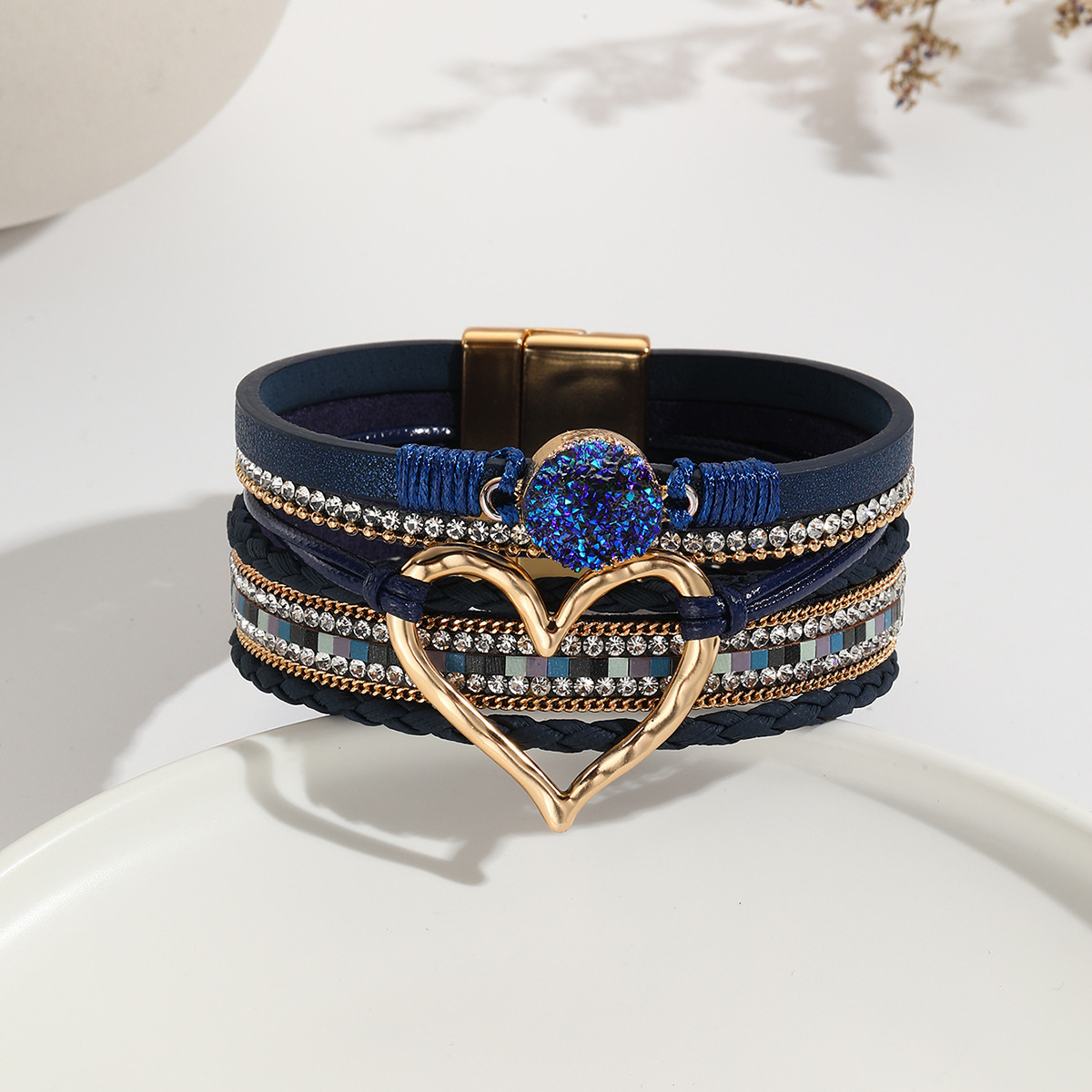 MYK1956-Bohemian Multi-Layer Bracelet with Raw Stone Heart Design, Women's Wrapped Leather Bracelet