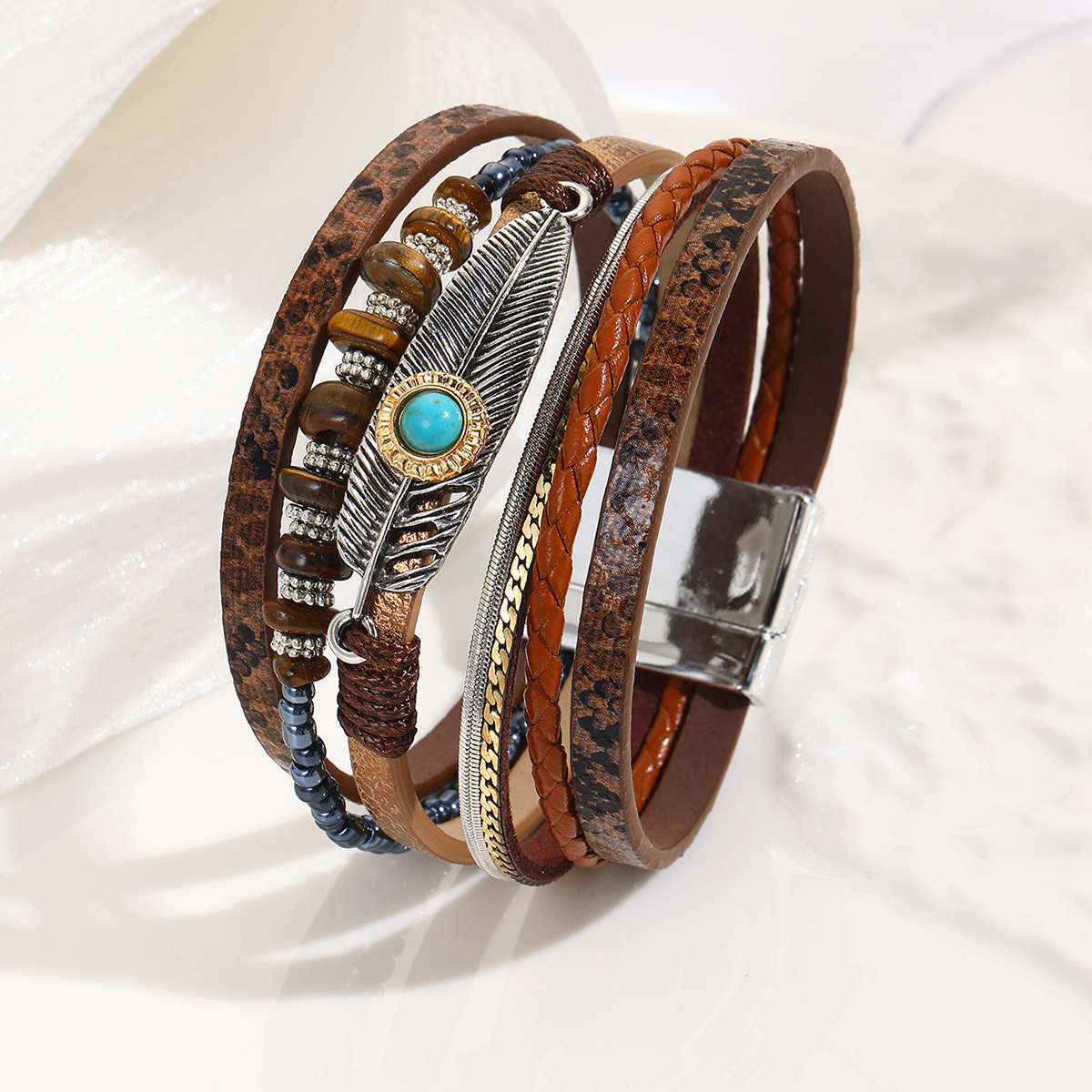 MYK1960-Jade Bohemian Style Bracelet with Pebbles, Feathers, Leather, Magnetic Clasp
