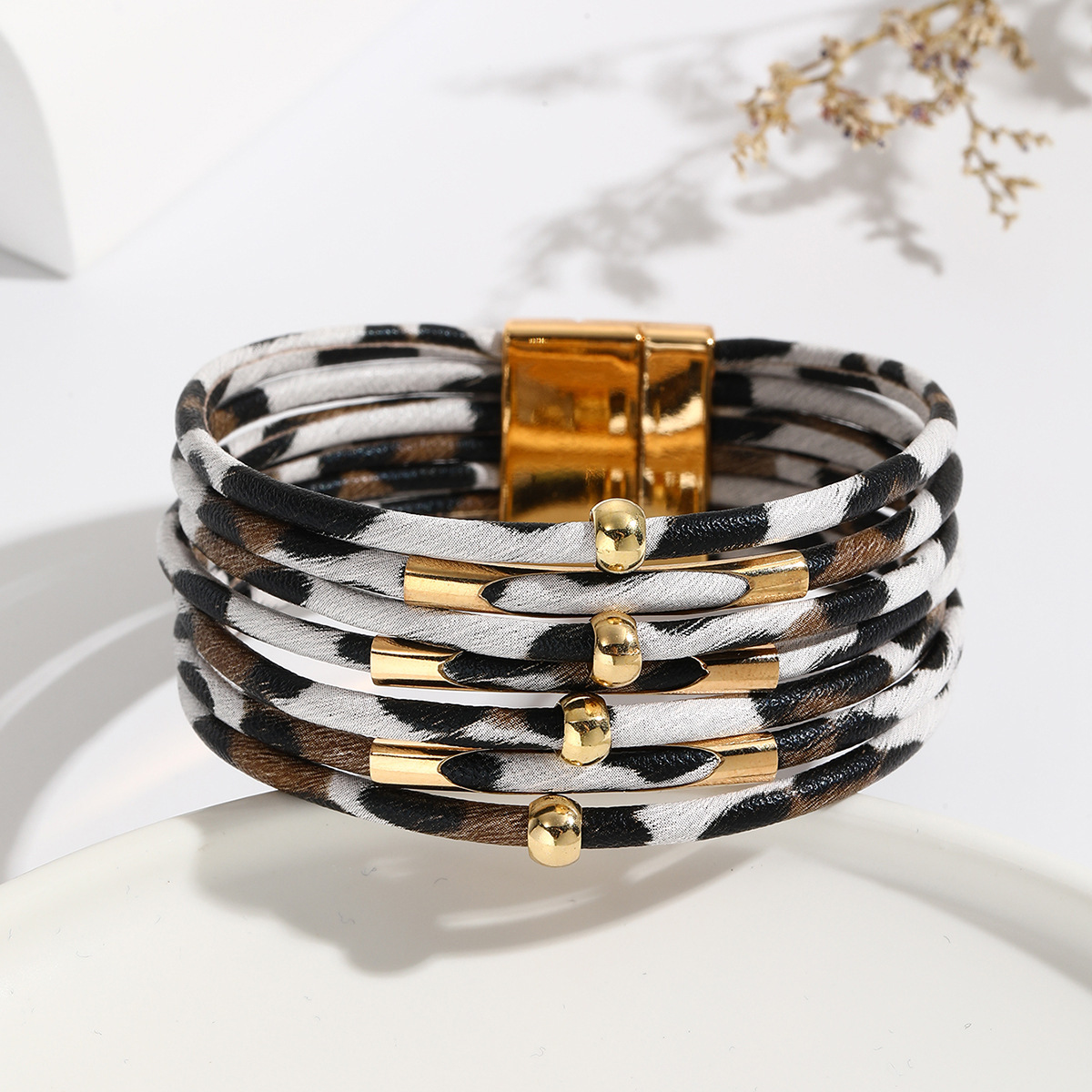 MYK1962-Leopard print magnetic buckle leather open copper tube beaded PU multi-layer bracelet