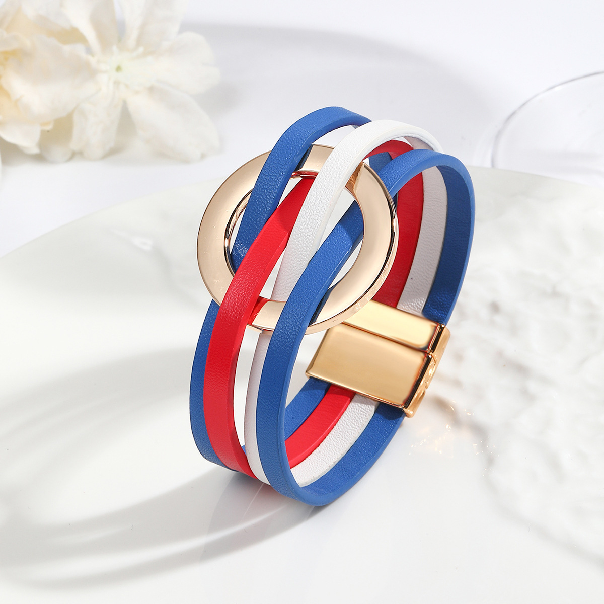 MYK1958-Cross-over leather women's bracelet with large metal ring cuff and magnetic clasp.