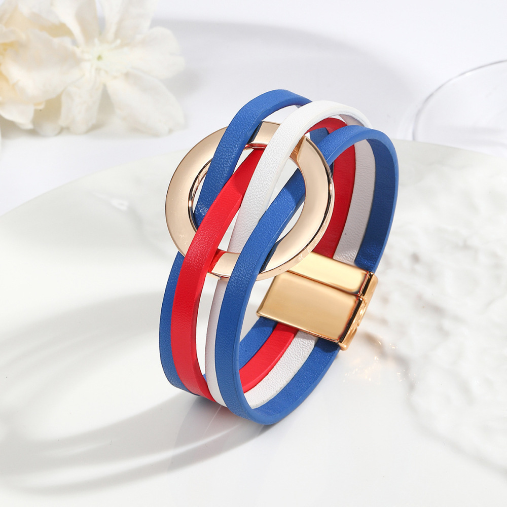 MYK1958-Cross-over leather women's bracelet with large metal ring cuff and magnetic clasp.