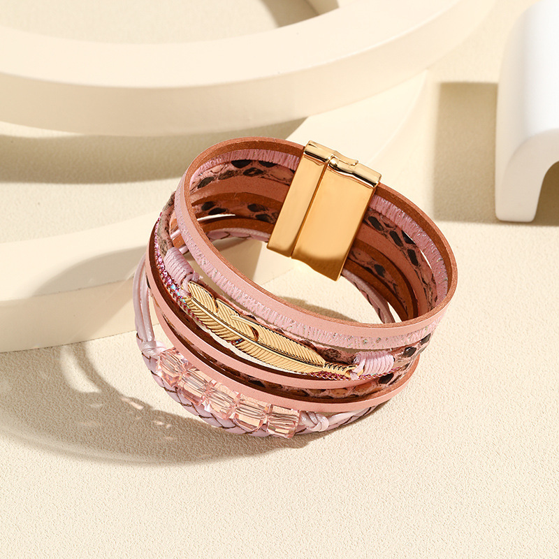 MYK1973-Bohemian ethnic style bracelet with crystal feather accessories, multi-layered wide-brimmed leather bangle