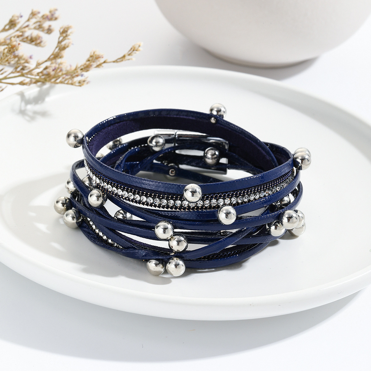 MYK1961-Double-strapped beaded leather bracelet with rhinestone magnetic clasp
