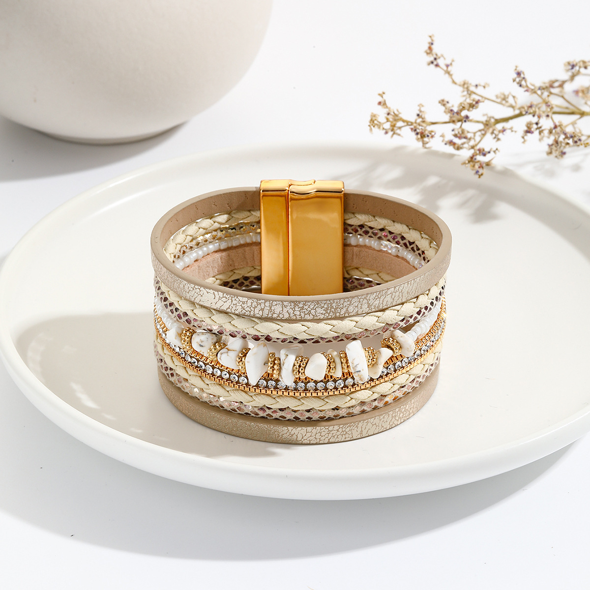 MYK1972-Bohemian-style irregular turquoise design wide leather bracelet