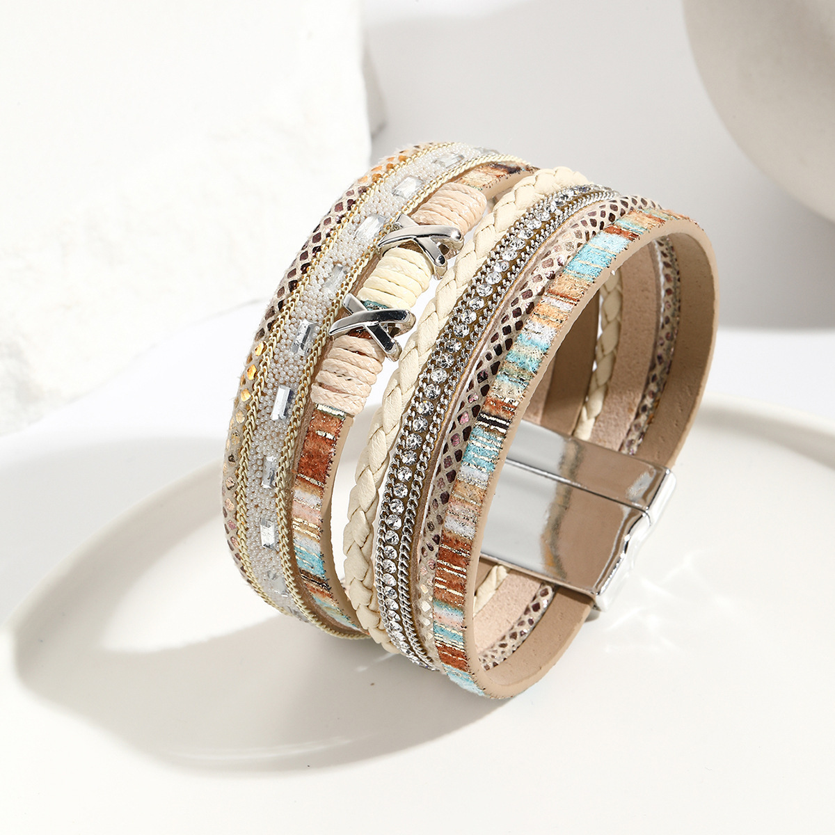 MYK1978-Hand-woven rhinestone colored braided multi-layer PU leather magnetic buckle bracelet