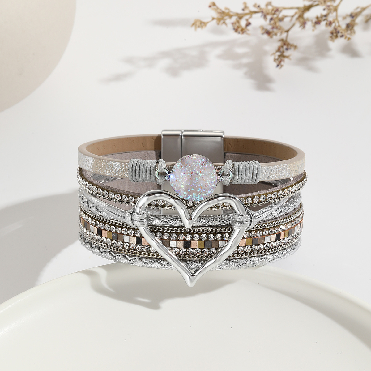 MYK1956-Bohemian Multi-Layer Bracelet with Raw Stone Heart Design, Women's Wrapped Leather Bracelet