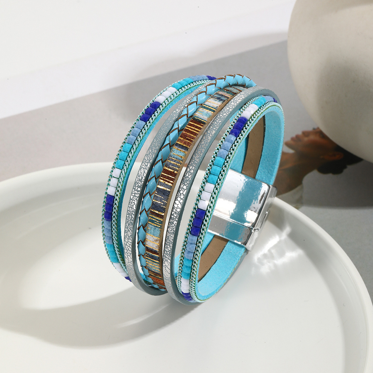 MYK1957-Bohemian style magnetic clasp leather bracelet with multi-layered wrapping.