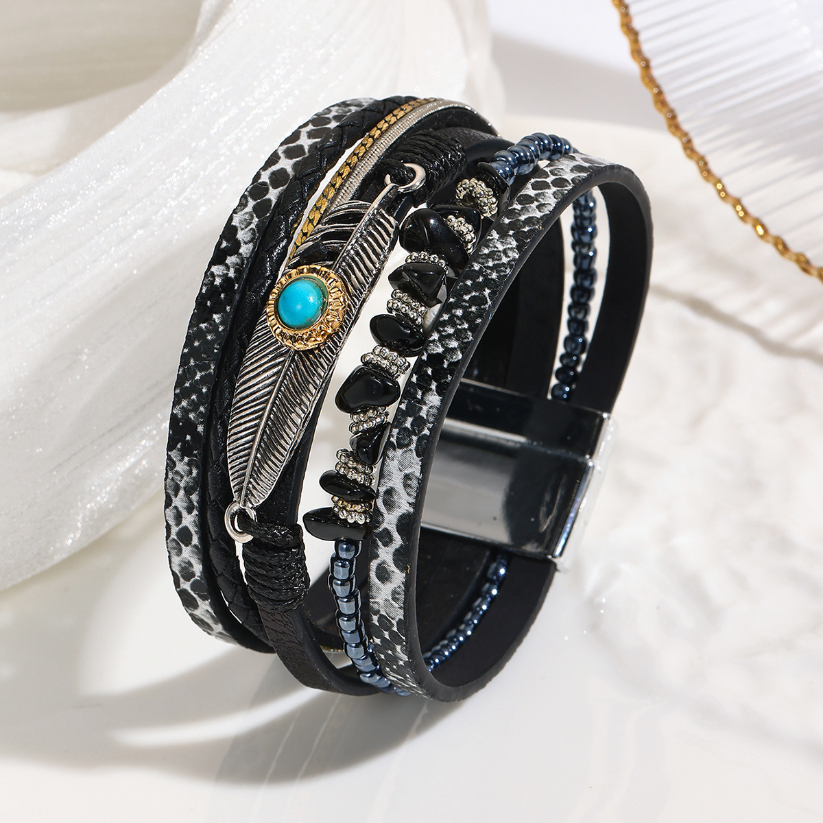 MYK1960-Jade Bohemian Style Bracelet with Pebbles, Feathers, Leather, Magnetic Clasp