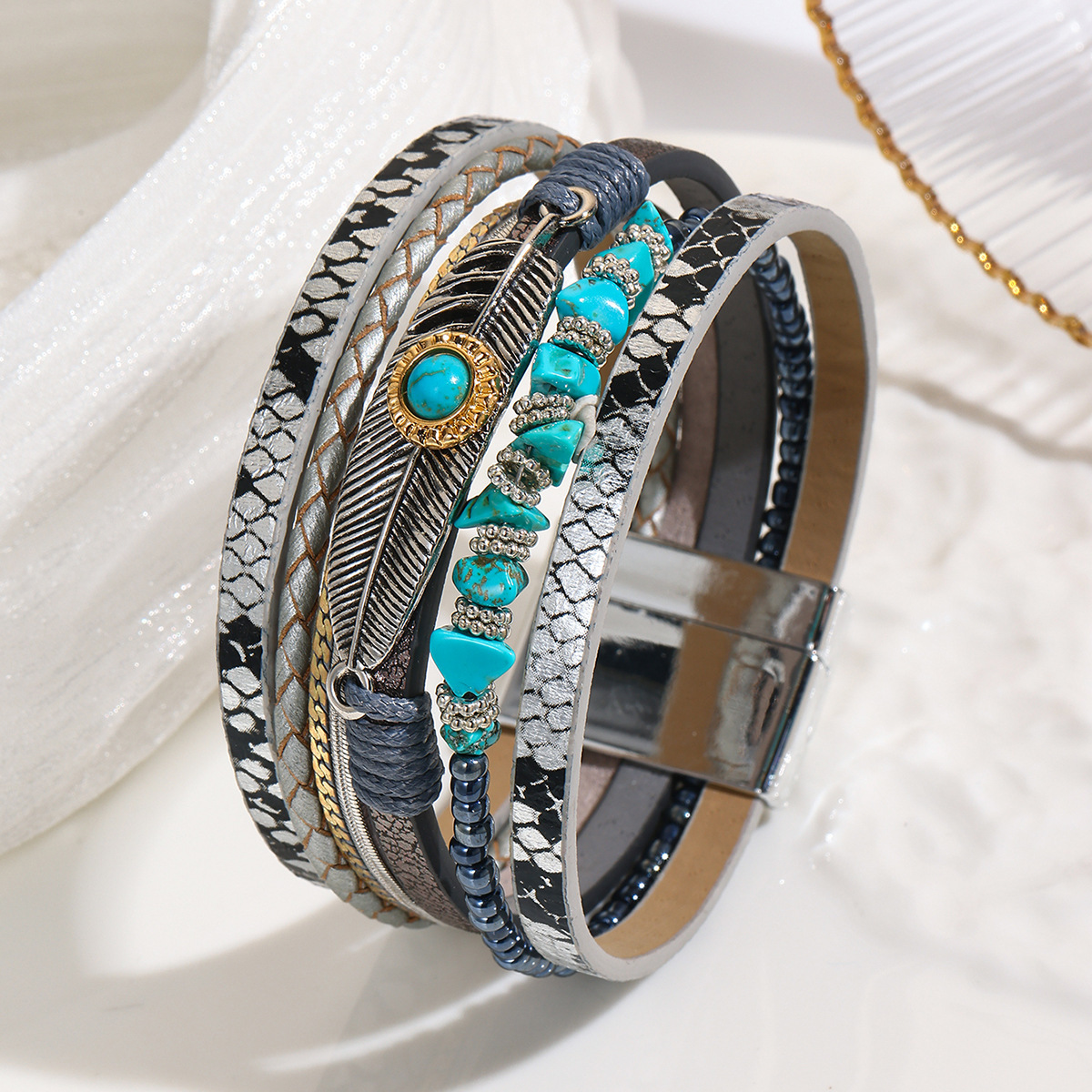 MYK1960-Jade Bohemian Style Bracelet with Pebbles, Feathers, Leather, Magnetic Clasp