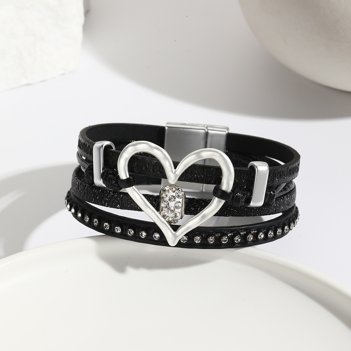 MYK1964-Hollowed-out heart-shaped rhinestone-encrusted magnetic clasp vintage multi-layered bracelet
