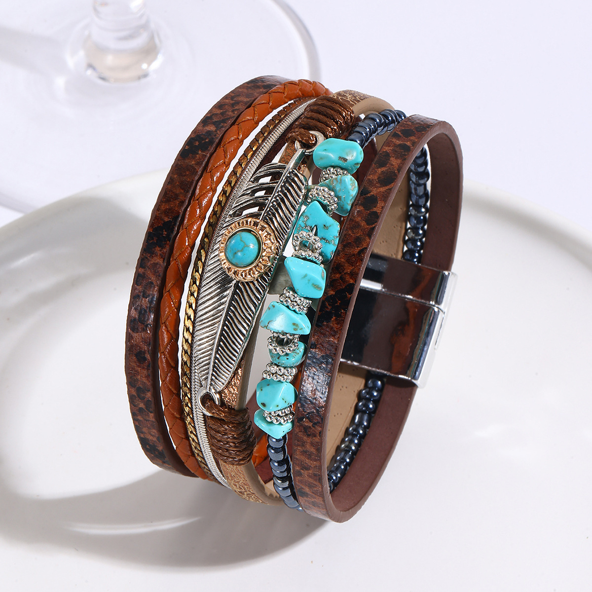 MYK1960-Jade Bohemian Style Bracelet with Pebbles, Feathers, Leather, Magnetic Clasp