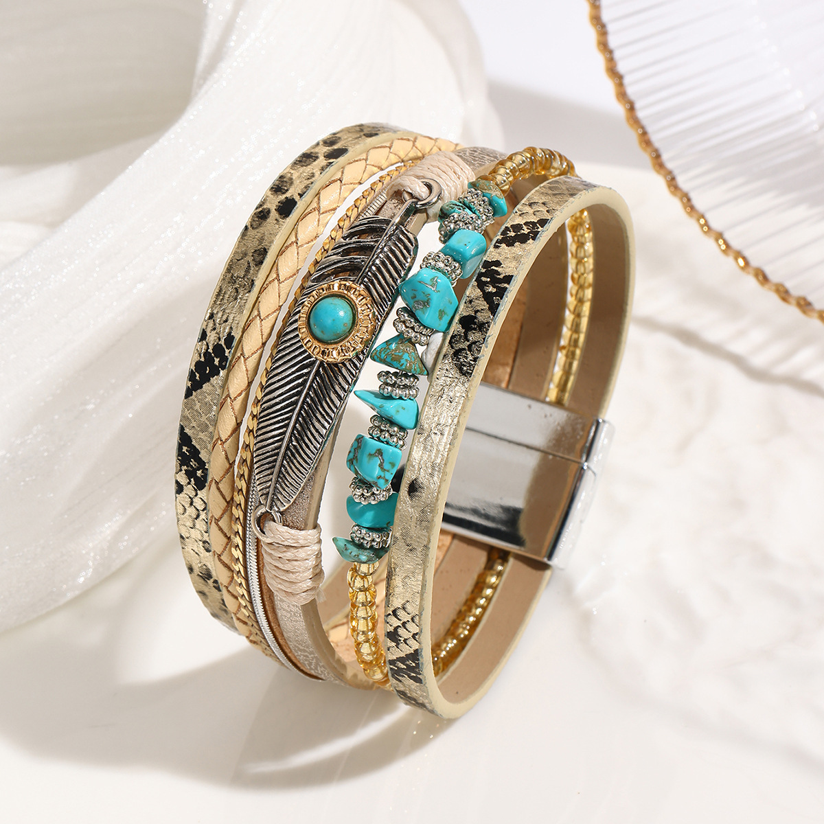 MYK1960-Jade Bohemian Style Bracelet with Pebbles, Feathers, Leather, Magnetic Clasp