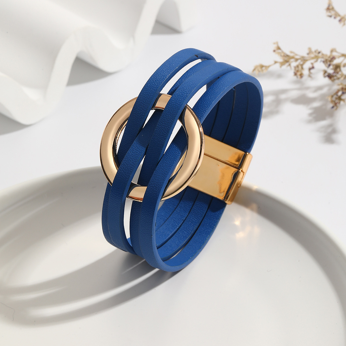 MYK1958-Cross-over leather women's bracelet with large metal ring cuff and magnetic clasp.