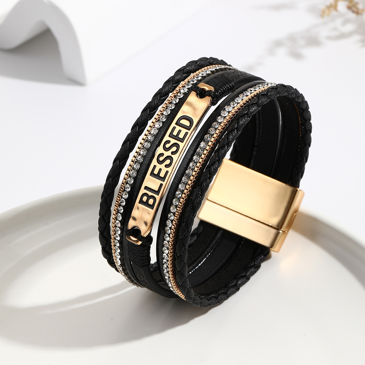 MYK1971-Ethnic style PU leather alloy multi-layer diamond-encrusted bracelet
