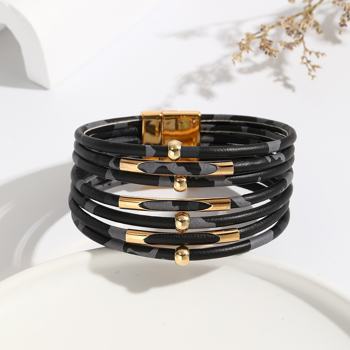 MYK1962-Leopard print magnetic buckle leather open copper tube beaded PU multi-layer bracelet