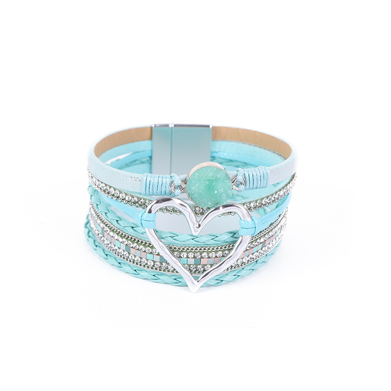 MYK1956-Bohemian Multi-Layer Bracelet with Raw Stone Heart Design, Women's Wrapped Leather Bracelet