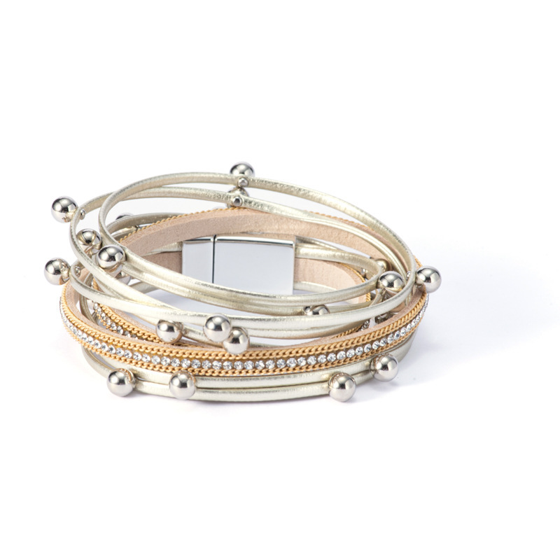 MYK1961-Double-strapped beaded leather bracelet with rhinestone magnetic clasp