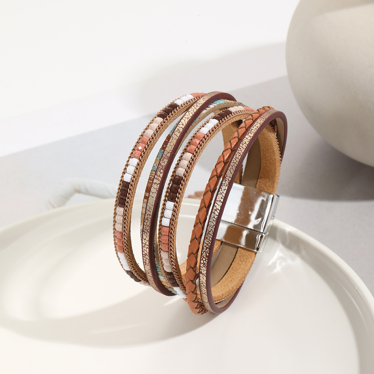MYK1957-Bohemian style magnetic clasp leather bracelet with multi-layered wrapping.