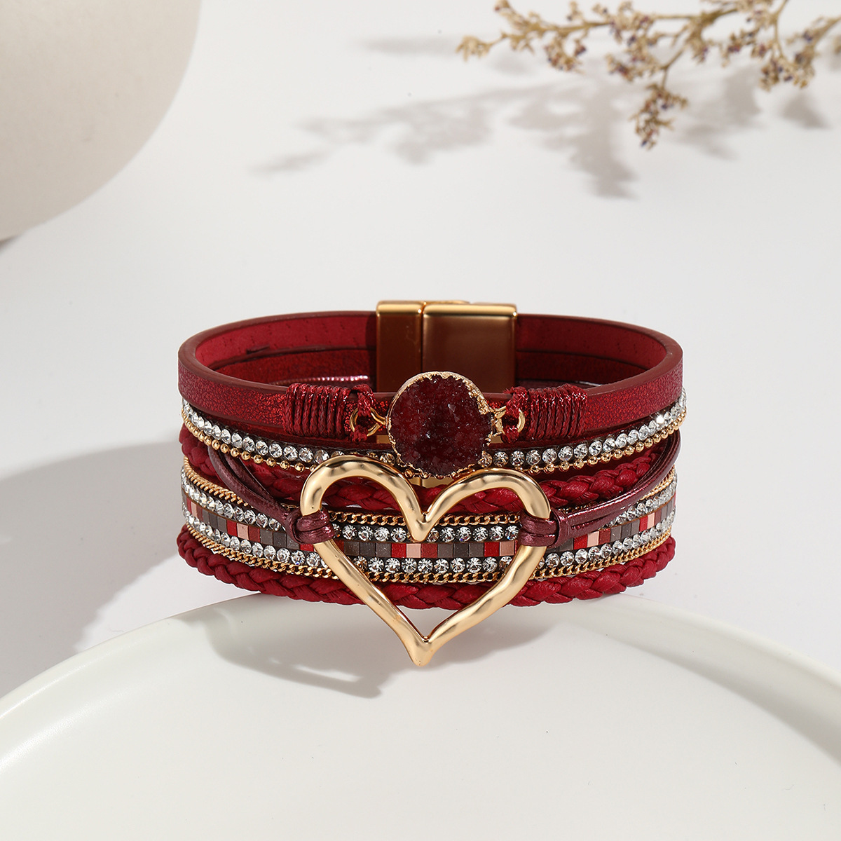 MYK1956-Bohemian Multi-Layer Bracelet with Raw Stone Heart Design, Women's Wrapped Leather Bracelet
