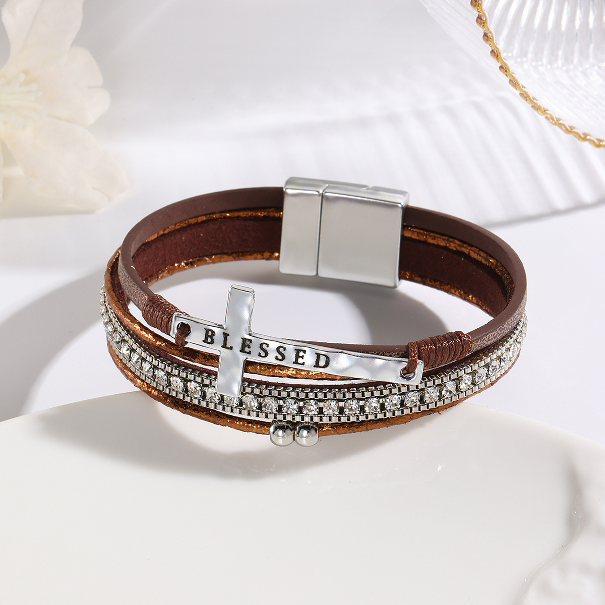 MYK1969-Bohemian style cross-shaped diamond magnetic clasp bracelet, multi-layered PU leather bracelet