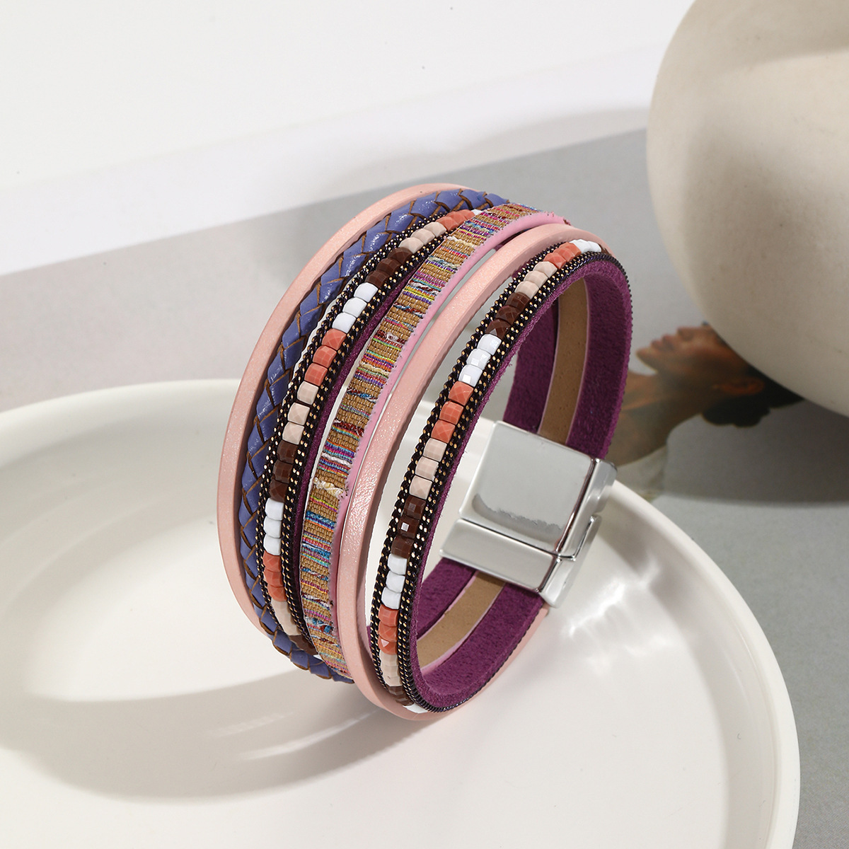 MYK1957-Bohemian style magnetic clasp leather bracelet with multi-layered wrapping.