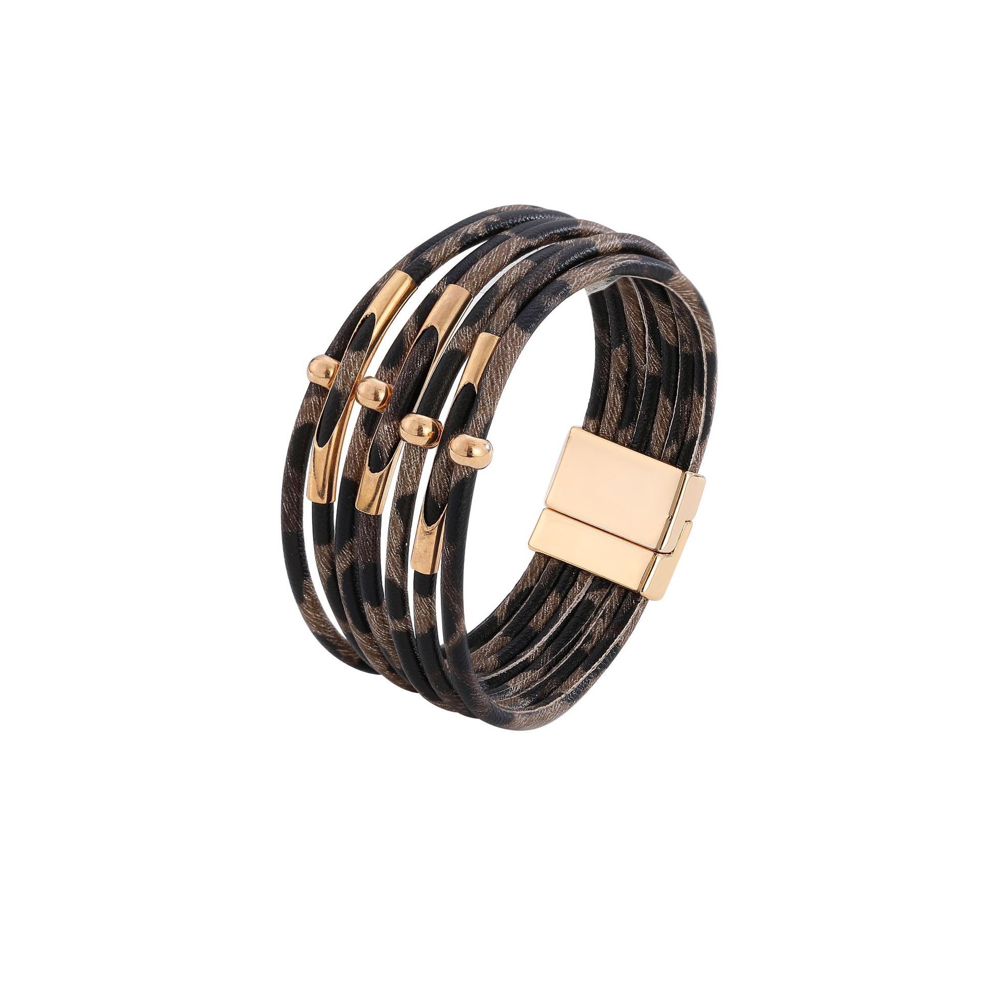 MYK1962-Leopard print magnetic buckle leather open copper tube beaded PU multi-layer bracelet