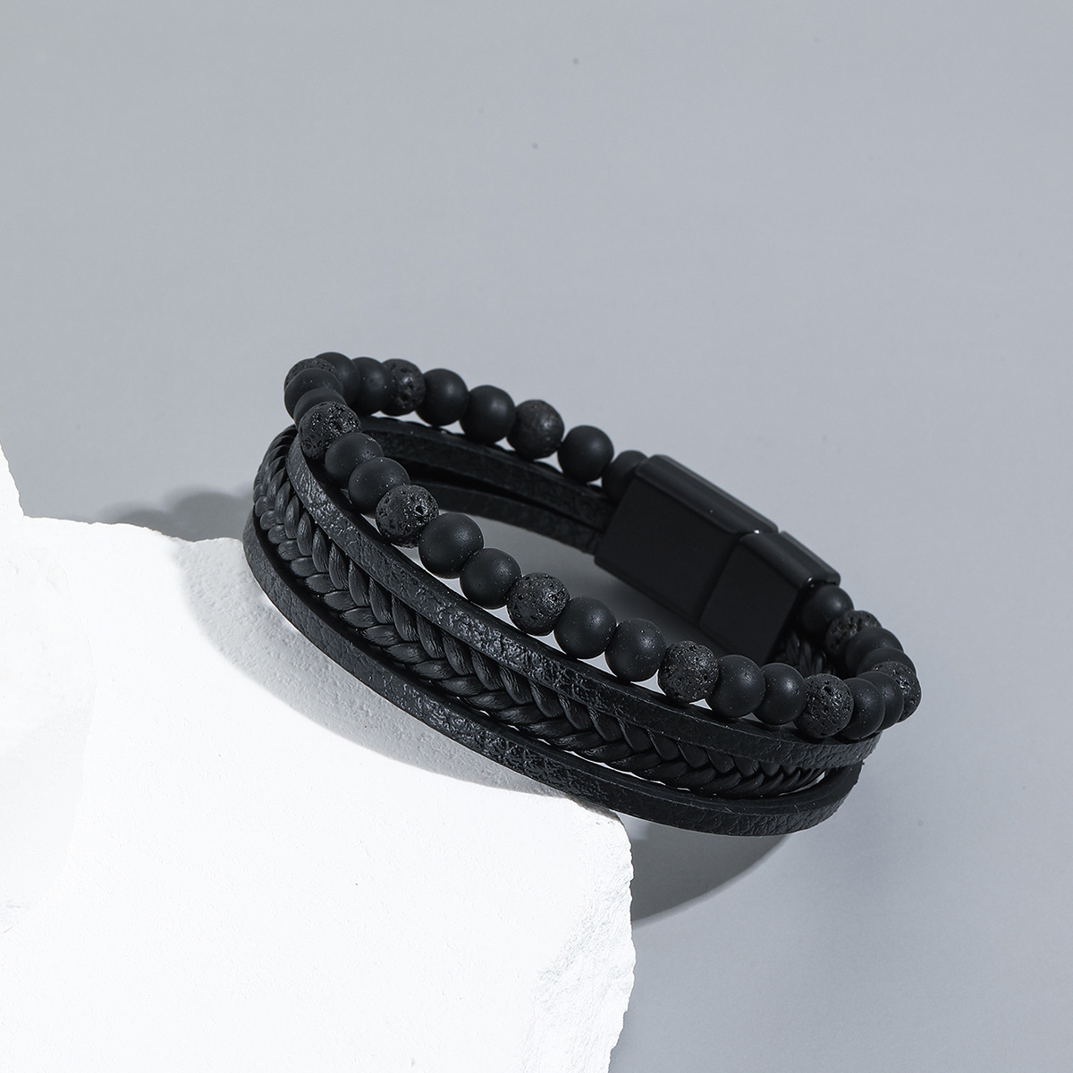 MYK1963-Handmade men's woven natural obsidian bracelet